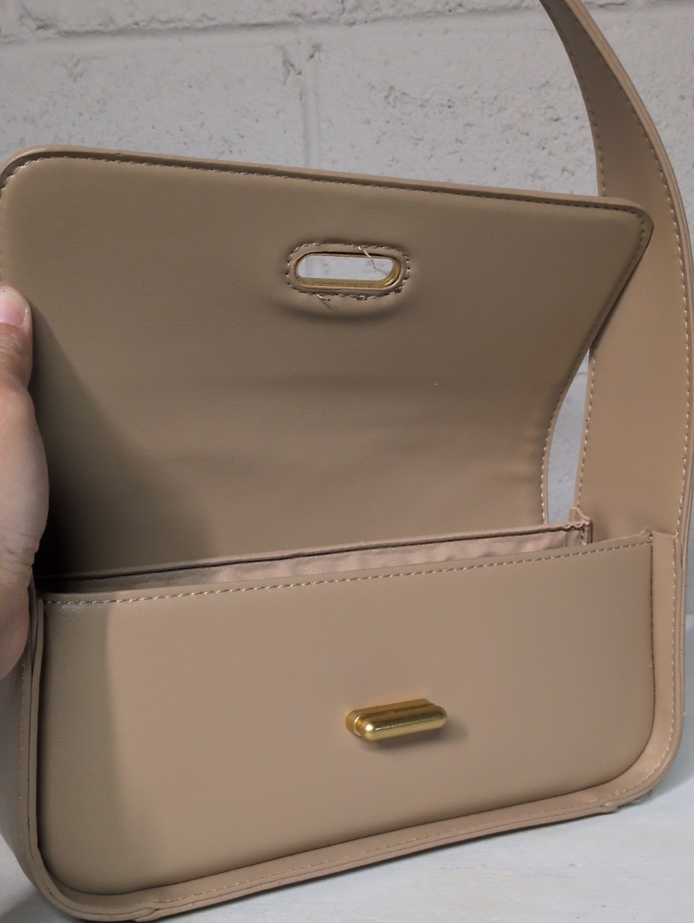 Beige Leather Shoulder Bag with Turn-Lock Closure - Picture 6 of 8